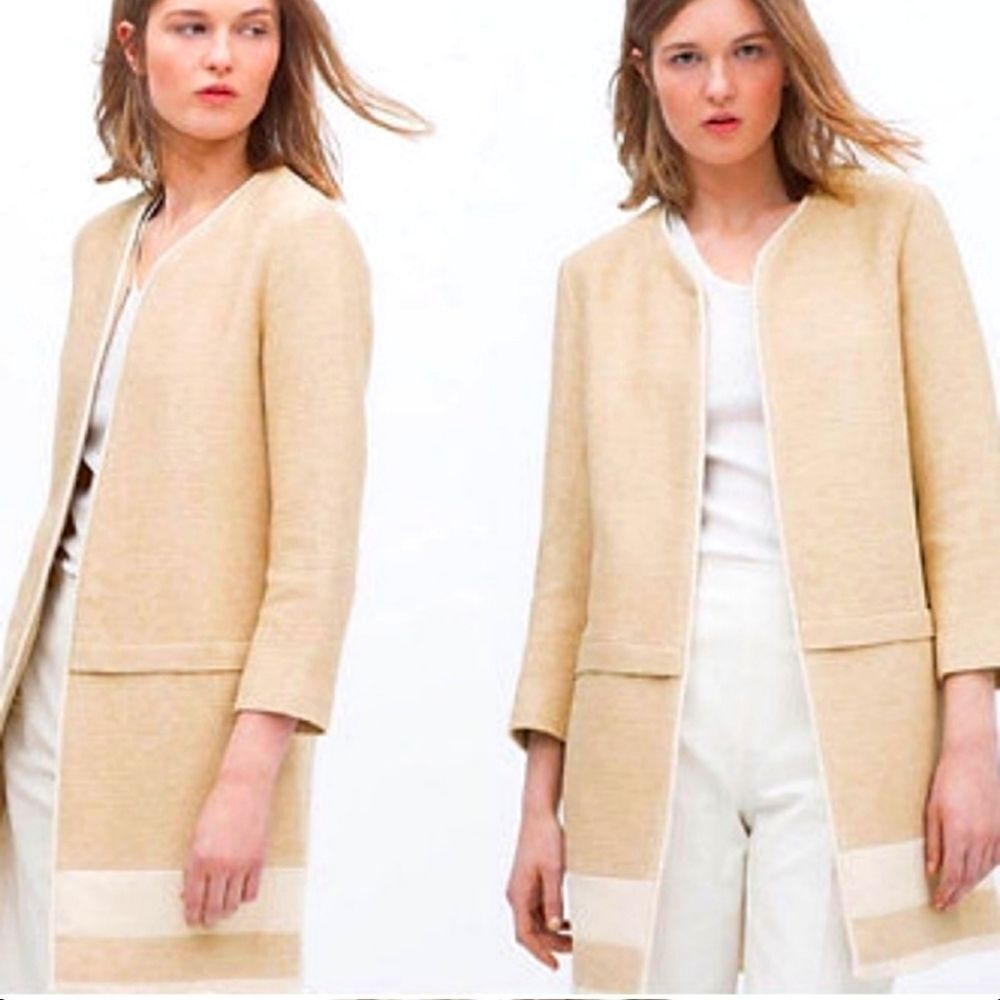 Zara Linen Blend Open Jacket Textured Color Block Coat Topper S